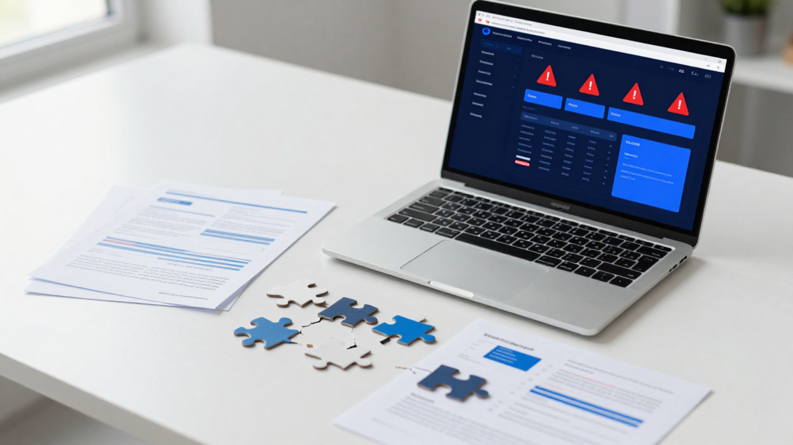 Escritorio con laptop, documentos y datos de diagnóstico